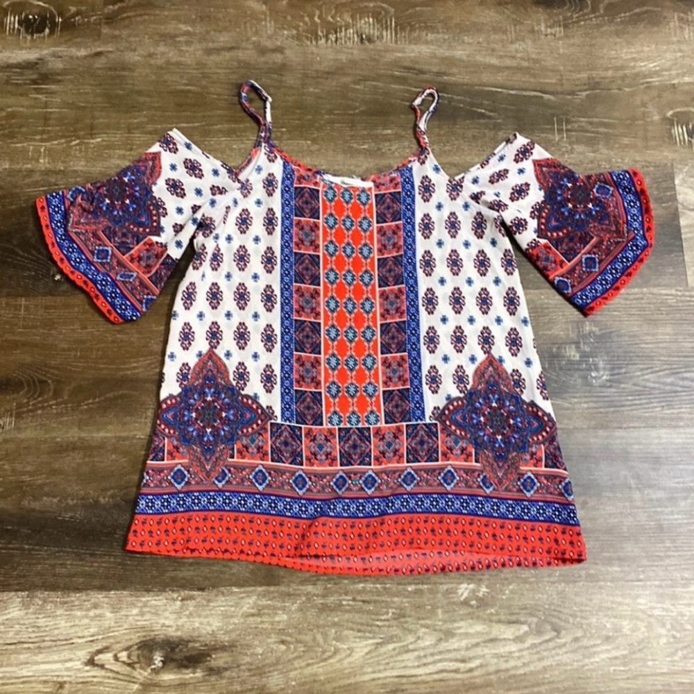 Blu Pepper - Bohemian Print Cold Shoulder Top